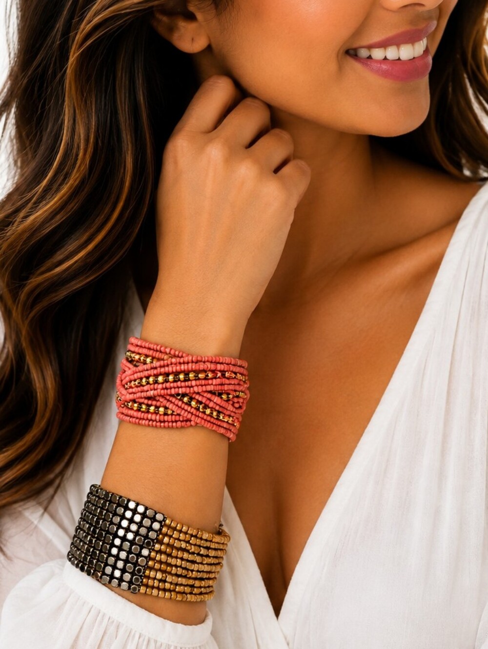 💎🪸 Coral & Neutral Seed Bead Wrap Bracelet Set – Boho Stretch Cuff Stack EUC
